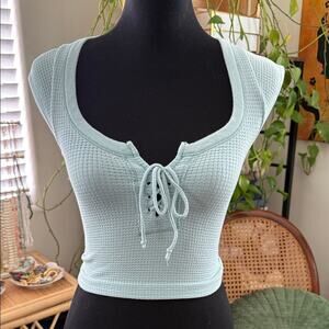 Out From Under Urban Outfitters Knockout Blue Seamless Lace Up Cropped T-Shirt